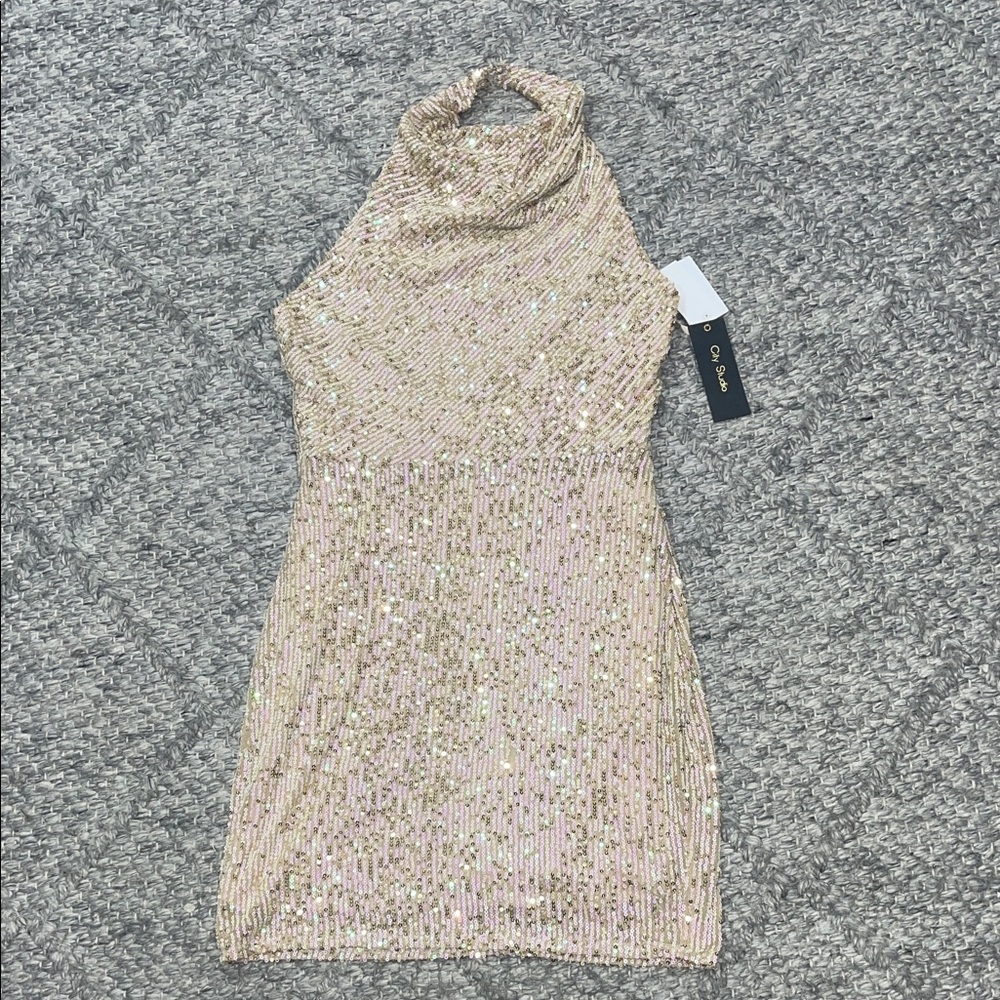City Studio Halter Glittering Gold Cocktail Dress - Picture 2 of 5